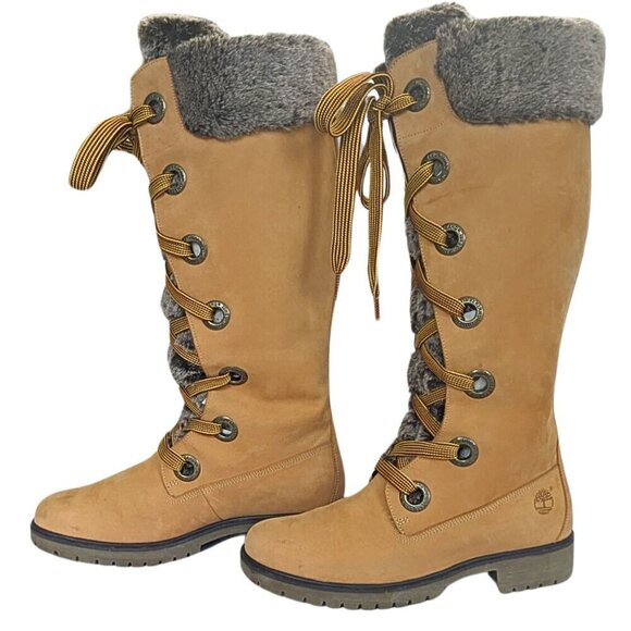 Vtg Y2K TIMBERLAND Mirney 91335 Wheat Faux Fur Wide Lace Knee High Boots Sz 8.5 - Picture 10 of 10